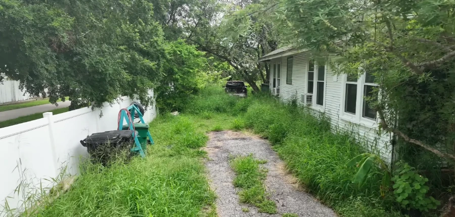Overgrown side yard and walkway in White Rock Estates Killeen before lawn cleanup