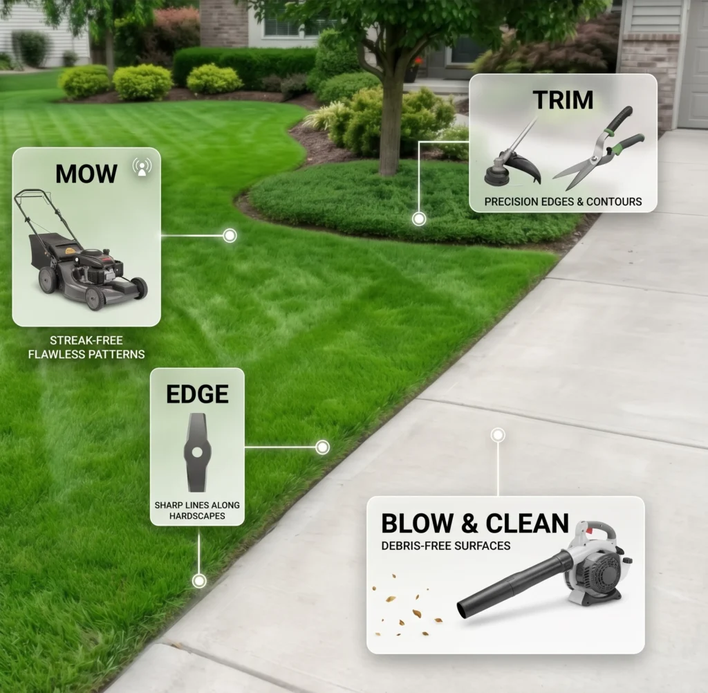 Front lawn and sidewalk with labeled callouts for the four steps of a lawn service visit: mow, edge, trim, and blow and clean